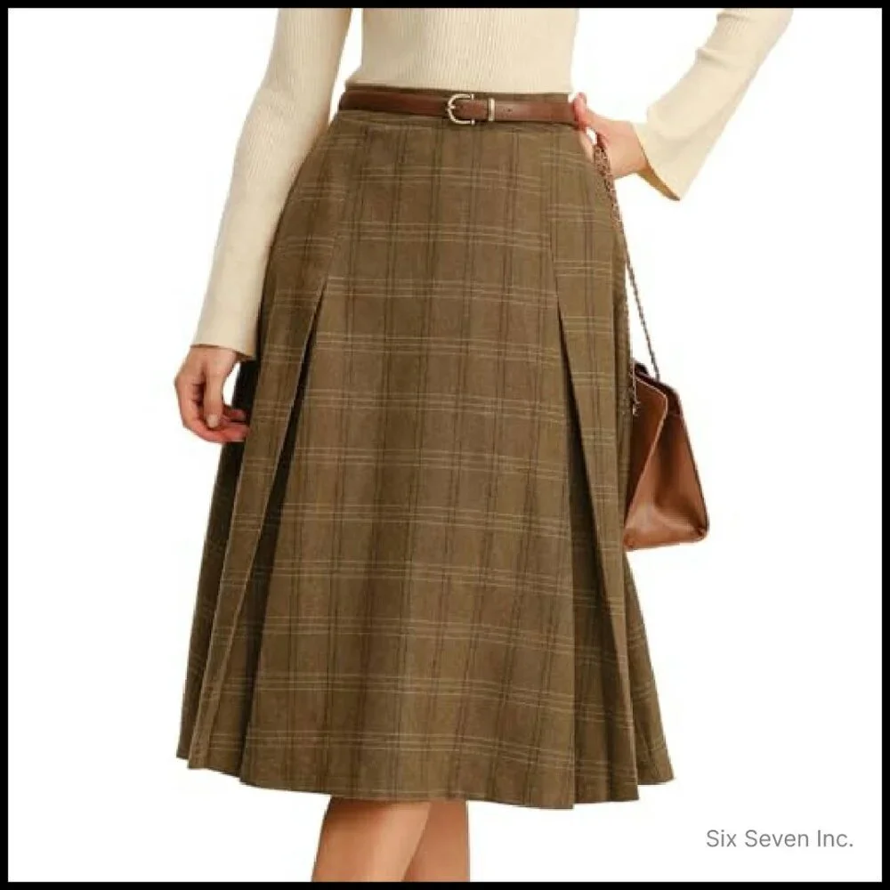Pleated A-Line Midi Skirt Vintage Elegant Retro Wool-Blend with Pockets